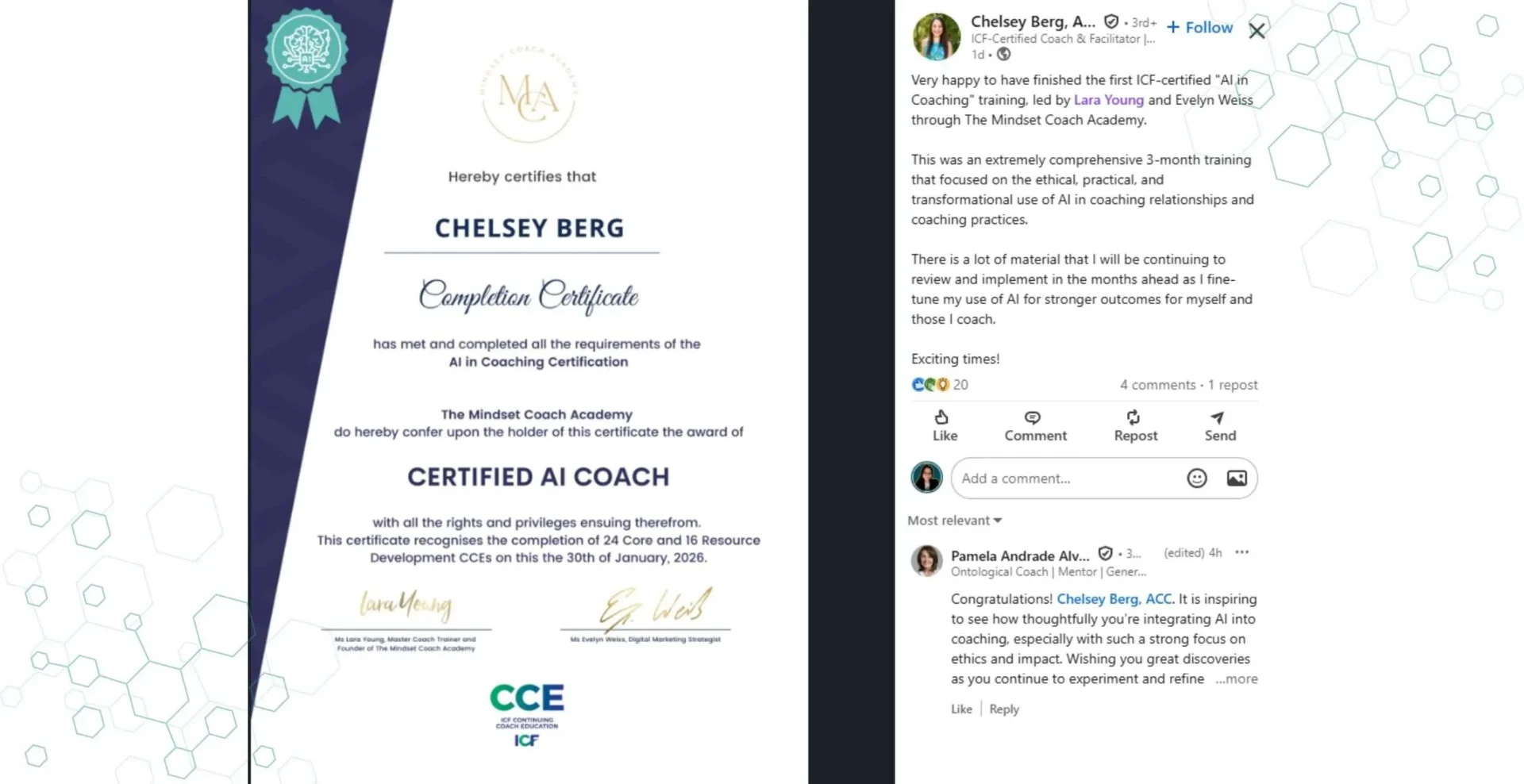 Chelsey Berg AI in Coaching Certification certificate and LinkedIn post